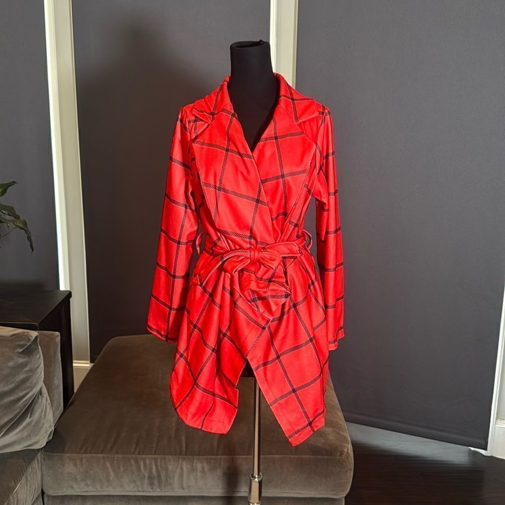 Women’s Red Turn Down Collar Wrap Coat Grid Pattern Belted Size S NEW *READ